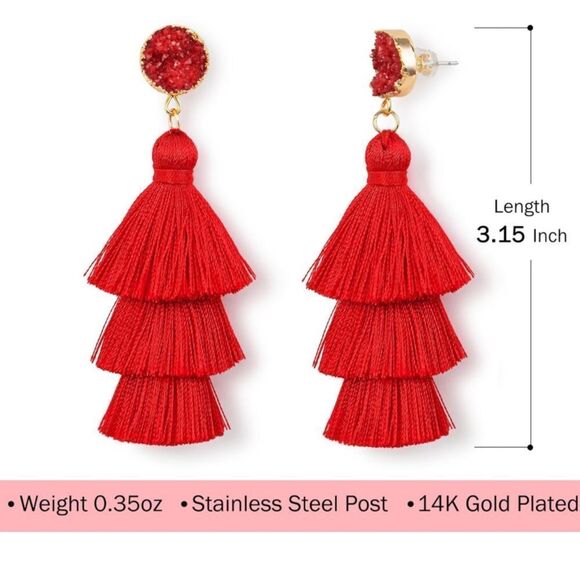 14K Yellow Gold with Burnt Orange Silk Thread Tassel and Quartz Druzy Earrings - Picture 6 of 9